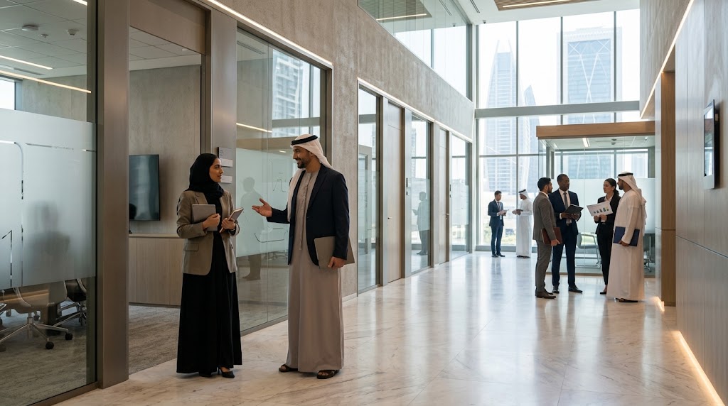 editorial scene in a modern Dubai innovation hub, a startup founder being welcomed by a programme advisor
